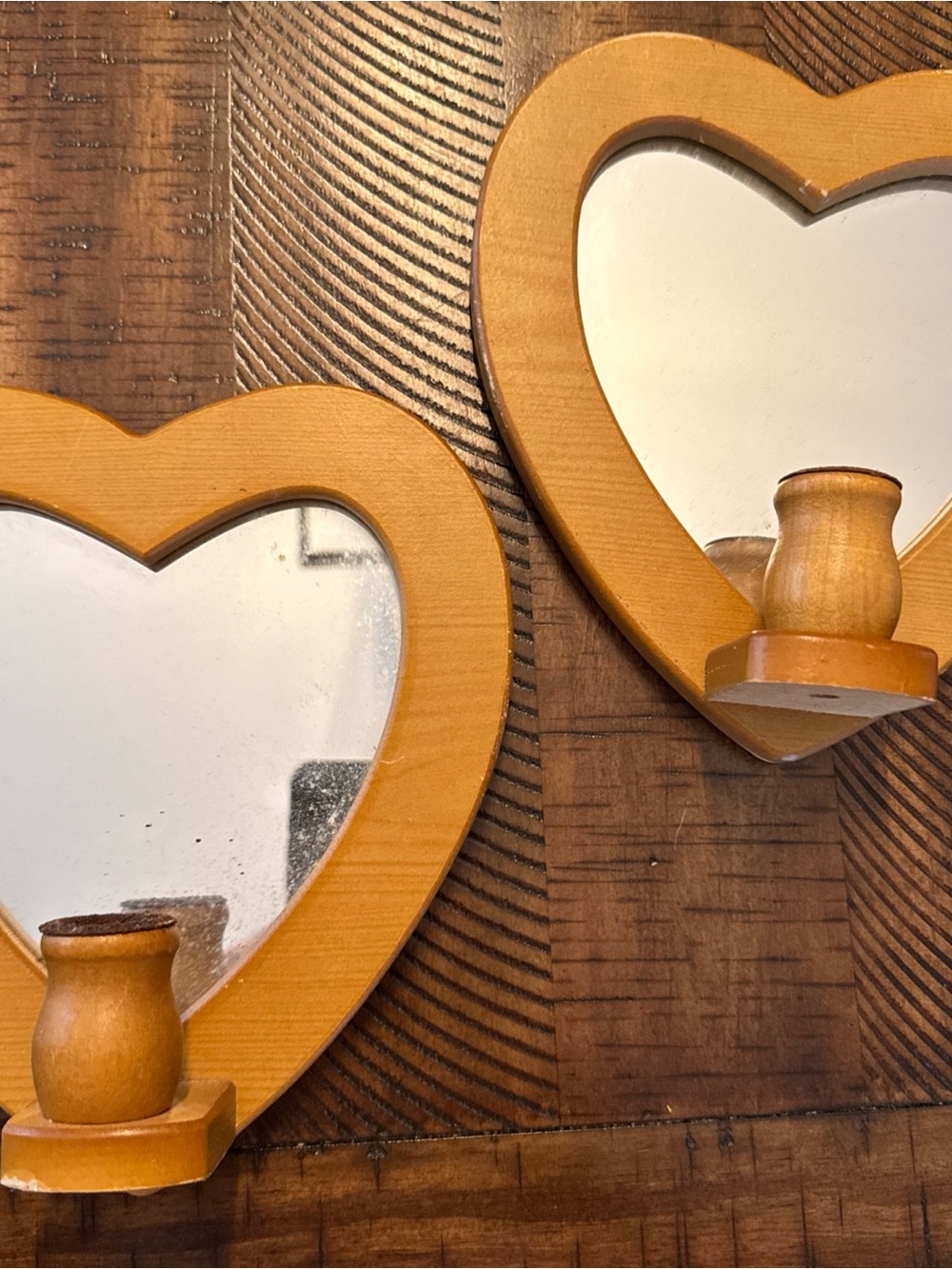 Vtg Wood Heart Mirror Wall Candle Holder Small Country Cottage Decor pair